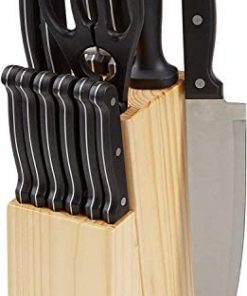 Amazon Basics 14-Piece Kitchen Knife Set with High-Carbon Stainless-Steel Blades and Pine Wood Block