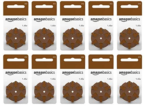 Amazon Basics 1.45 Volt Hearing Aid Batteries, Brown Tab - Pack of 60, Size 312 - Improved Performance