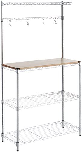 Amazon Basics Kitchen Storage Baker's Rack with Wood Table, Chrome/Wood - 63.4" Height