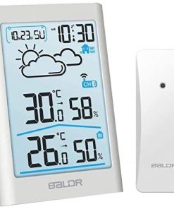 BALDR Wireless Weather Station, Digital Indoor Outdoor Thermometer Hygrometer with Backlight LCD Display and External Sensor, Ideal for Weather Forecast Monitoring, Alarm Clock - White