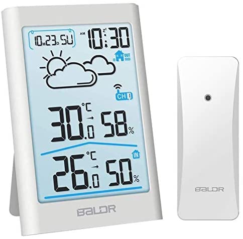 BALDR Wireless Weather Station, Digital Indoor Outdoor Thermometer Hygrometer with Backlight LCD Display and External Sensor, Ideal for Weather Forecast Monitoring, Alarm Clock - White