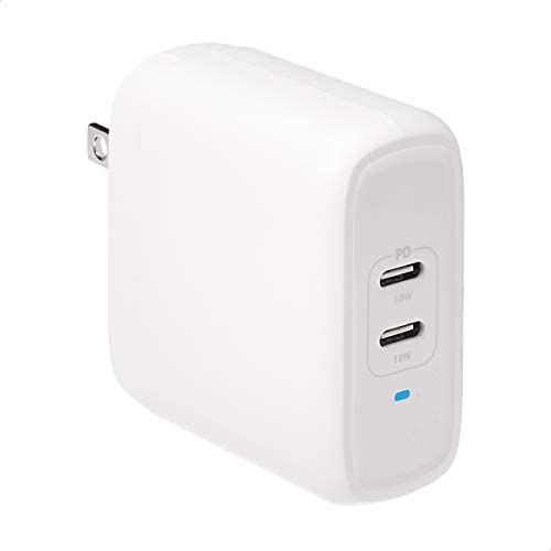 Amazon Basics 36W Two-Port GaN USB-C Wall Charger for Tablets and Phones with Power Delivery - White (non-PPS)