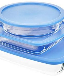 Amazon Basics Oven Safe Glass Baking and Food Storage Dish Set with BPA-Free Lids, Set of 3, Rectangle, Square and Round