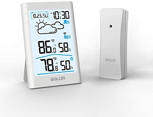 BALDR Indoor & Outdoor Thermometer and Hygrometer with White Backlight, Digital Wireless Weather Station, Temperature Monitor & Humidity Gauge, Battery-Operated - White