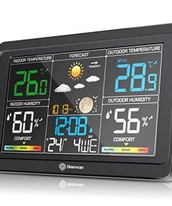 Geevon Wireless Weather Station Indoor Outdoor Thermometer Hygrometer, Digital Temperature Humidity Monitor with Color LCD Display, USB Charging Port, Alarm Clock, 3-Level Backlight