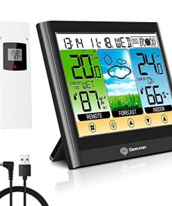 Geevon Wireless Weather Station, Indoor Outdoor Thermometer Hygrometer with Sensor, Color LCD Touch Display, Alarm Clock/Snooze, Comfort Level, Temperature Alert, Heat Index, Dew Point