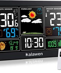 Kalawen Weather Station Wireless Indoor Outdoor Thermometer with Atomic Clock, Color Display Digital Weather Forecast Station Thermometer with Moon Phase