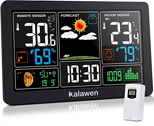 Kalawen Weather Station Wireless Indoor Outdoor Thermometer with Atomic Clock, Color Display Digital Weather Forecast Station Thermometer with Moon Phase