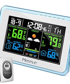 Merece Weather Station Wireless Indoor Outdoor Thermometer, Digital Calendar Weather Thermometer with Temperature Alerts and Dual Alarm Clocks, Color Forecast Station with Air Comfort Level Indicator
