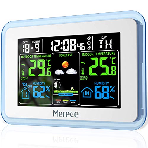 Merece Weather Station - Wireless Indoor Outdoor Thermometer Hygrometer, Color LCD Display Home Forecast Weather Stations with Calendar, Digital Temperature and Humidity Monitor with External Sensor