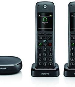 Motorola AXH02 DECT 6.0 Smart Cordless Phone and Answering Machine with Alexa Built-in – 2 Cordless Handsets Included, Black