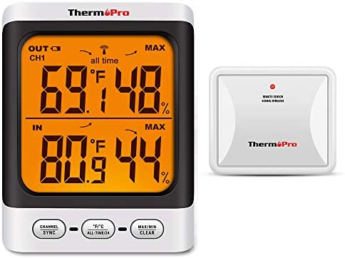 ThermoPro TP62 Digital Wireless Hygrometer Indoor Outdoor Thermometer Temperature and Humidity Gauge Monitor with Backlight LCD Display Humidity Meter, 200ft/60m Range