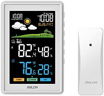 BALDR Weather Station Wireless Indoor Outdoor Thermometer - Color LCD Display Weather Forecast - Atomic Wall Clock - Temperature and Humidity Monitor - Digital Calendar - 5 Level Backlight Brightness