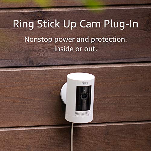 Certified Refurbished Ring Stick Up Cam Plug-In HD security camera with two-way talk, Works with Alexa - White