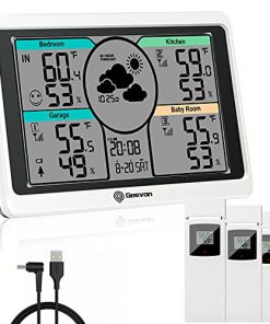 Geevon Weather Station Wireless Indoor Outdoor 3 Sensors, Digital Thermometer Hygrometer, Temperature Humidity Monitor with DIY Label Stickers, LCD Display, Dual Alarm Clocks, 3-Level Backlight
