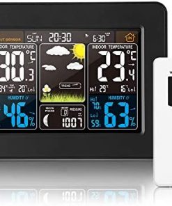 Konesky Wireless Weather Station Forecast Clock, Indoor Outdoor Digital Hygrometer Thermometer, Weather Forecast Station with HD Color Screen, Temperature Humidity Gauge with Sensor