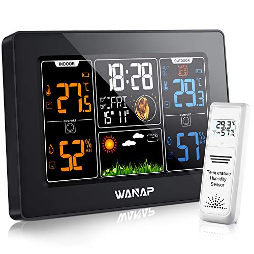 Wanap Weather Station, Wireless Weather Station Indoor Outdoor Thermometer Temperature and Humidity Weather, Digital Colorful Display Multifunctional Weather Forecast Hygrometer Barometer, Radio Clock