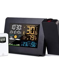 Weather Station, Wireless Weather Forecast Station, Indoor Outdoor Thermometer Hygrometer with Sensor, Projection Alarm Clock and Moon Phase, Adjustable Backlight Display Screen