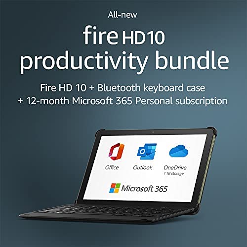 All-new Fire HD 10 tablet, 64 GB, Black + Bluetooth keyboard + 12-month Microsoft 365 Personal subscription (auto-renews), without lockscreen ads