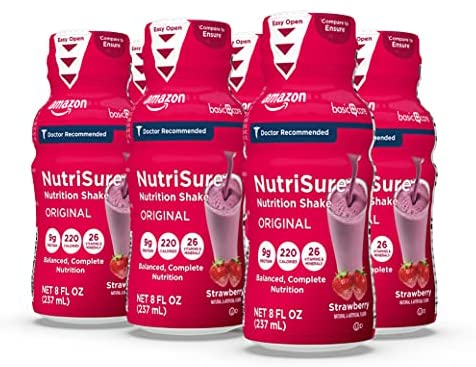 Amazon Basic Care NutriSure Original Nutrition Shake, Strawberry, Meal Replacement Shake, 6 Count