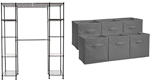 AmazonBasics Expandable Metal Hanging Storage Organizer Rack Wardrobe with Shelves, 14"-63" x 58"-72", Bronze & Collapsible Fabric Storage Cubes Organizer with Handles, Gray - Pack of 6