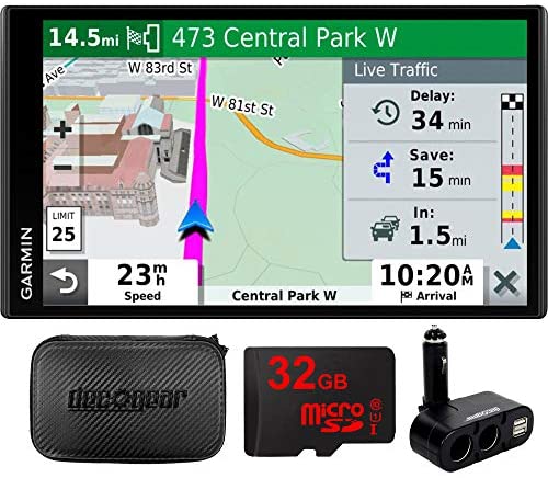 Garmin 010-N2038-02 Drivesmart 65T GPS Navigator (Renewed) Bundle with Dual DC12V/24V Electronic Multifunction Car Socket, 32GB MicroSD Card & Deco Gear Hard EVA Case with Zipper