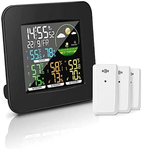 Geevon Weather Station Wireless Indoor Outdoor Thermometer 3 Sensors, Color LCD Display Digital Temperature Humidity Monitor, Atomic / Alarm Clock, 3-Level Backlight