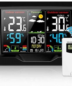 Jhua Weather Stations Wireless Indoor Outdoor Thermometer and Humidity Monitor, LCD Color Display Digital Weather Forecast Station with Calendar Dual Alarm Color Adjustable Backlight for Home, Office