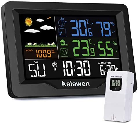 Weather Station Wireless Indoor Outdoor Thermometer with Atomic Clock, Color Large Display Digital Weather Forecast Stations Thermometer with Alarm Clock
