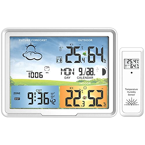 White Weather Station Wireless Indoor Outdoor Sensors with Jumbo Display and Atomic Clock, Digital Color Forecast Station with Alerts,Temperature and Relative Humidity Detector
