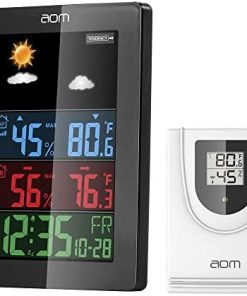 Wireless Weather Station, Indoor Outdoor Thermometer with Color LCD Screen Accurate Temperature and Humidity Monitor Alarm Clock Adjustable Brightness for Home and Office