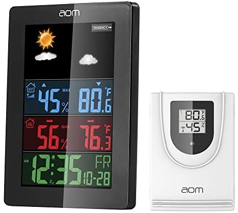 Wireless Weather Station, Indoor Outdoor Thermometer with Color LCD Screen Accurate Temperature and Humidity Monitor Alarm Clock Adjustable Brightness for Home and Office