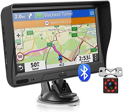 GPS Navigation for Car Truck with Bluetooth Lifetime Map Update 7 inch Touchscreen 8G 256M Car Navigator Support Voice Broadcast Turn Direction Guidance, Speed Warning + Backup Camera