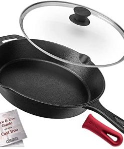 Cuisinel Cast Iron Skillet with Lid - 12"-Inch Frying Pan + Glass Lid + Heat-Resistant Handle Cover - Pre-Seasoned Oven Safe Cookware - Indoor/Outdoor Use - Grill, BBQ, Fire, Stovetop, Induction Safe