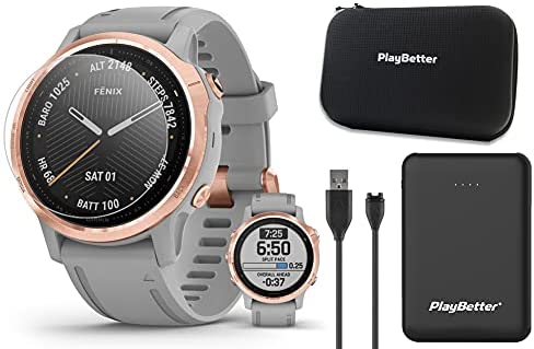 Garmin Fenix 6S Sapphire (Rose Gold/Gray Band) Power Bundle | with PlayBetter Portable Charger, Screen Protectors & Hard Case | Smaller Multisport GPS Watch | HR, ABC Sensors, Maps | 010-02159-20
