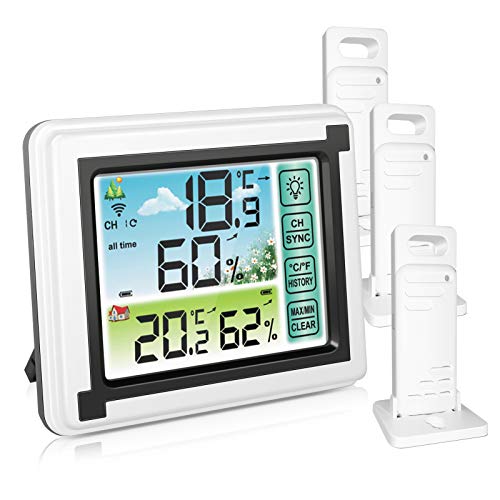 Number-one Wireless Weather Station Indoor Outdoor Thermometer with 3 Remote Sensor, Digital Temperature and Humidity Monitor with LCD Backlight, Touchscreen, Min/Max Records for Home,Office,Baby Room