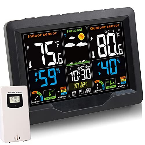 Unmot Weather Station Wireless Indoor Outdoor Thermometer and Hygrometer with Sensor Color LCD Display, DigitalAtomic Clock Forecast Station, Calendar, Alarm Clock, Adjustable Backlight Mode