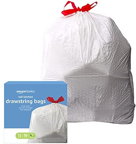 Amazon Basics Flextra Tall Kitchen Drawstring Trash Bags, Clean Fresh Scent, 13 Gallon, 90 Count