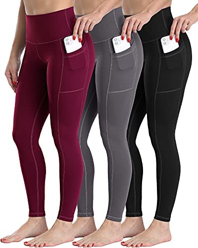 CHRLEISURE Leggings with Pockets for Women, High Waisted Tummy Control Workout Yoga Pants 3 Pack