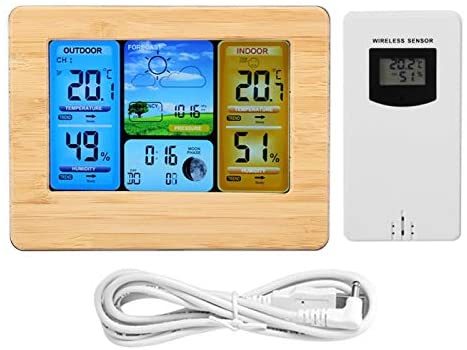 Weather Station Wireless Indoor Outdoor Thermometer,Color LCD Display Temperature Humidity Monitor with Alarm Clock,Moon Phase,Weather Forecasts,Adjustable Backlight(Neutral-yellow)