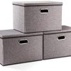PRANDOM Large Collapsible Storage Bins with Lids [3-Pack] Linen Fabric Foldable Storage Boxes Organizer Containers Baskets Cube with Cover for Home Bedroom Closet Office Nursery (17.7x11.8x11.8)