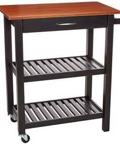 Amazon Basics Kitchen Island Cart with Storage, Solid Wood Top and Wheels - Cherry / Black