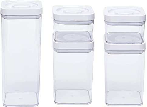 Amazon Basics 5-Piece Square Airtight Food Storage Containers for Kitchen Pantry Organization, BPA Free Plastic