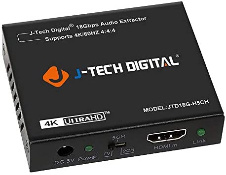 4K 60Hz HDMI Audio Extractor Converter SPDIF + 3.5MM Output Supports HDMI 2.0, HDCP 2.2, 1080P@120Hz, 1080P@144Hz, Dolby Digital/DTS Passthrough CEC, HDR10 by J-Tech Digital [JTD18G-H5CH]