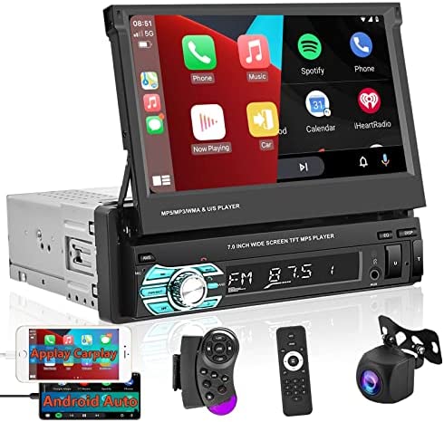 Car Stereo with Apple Carplay Android Auto 7 Inch Foldable HD Touchscreen Radio Supports FM Bluetooth Android/iOS Mirror Link SWC,Single Din Car Audio with AHD Backup Camera/USB/TF Card Port/AUX-in