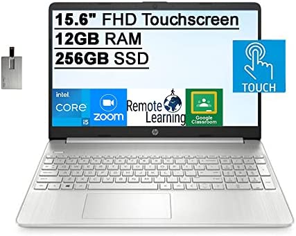 2022 HP 15.6" FHD Touchscreen Laptop Computer, Intel Core i5-1135G7 Processor, 12GB DDR4 RAM, 256GB SSD, Intel Iris Xe Graphics, HD Webcam, HD Audio, USB-C, Windows 11, Silver, 32GB SnowBell USB Card