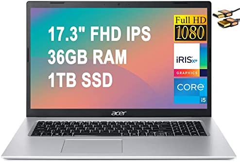 Acer Aspire 3 17 Business Laptop 17.3" FHD IPS ComfyView Display 11th Gen Intel Quad-Core i5-1135G7 (Beats i7-10710U) 36GB RAM 1TB SSD Intel Iris Xe Graphics Webcam Win10 Silver + HDMI Cable