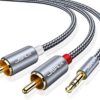 JSAUX RCA to 3.5mm Cable, 【6.6ft/2M】 Aux to RCA Headphone Male to Male Jack Adapter Nylon Braided 1/8 to RCA Audio Y Cord for Smartphones, MP3, Tablets, Speakers, HDTV -Grey